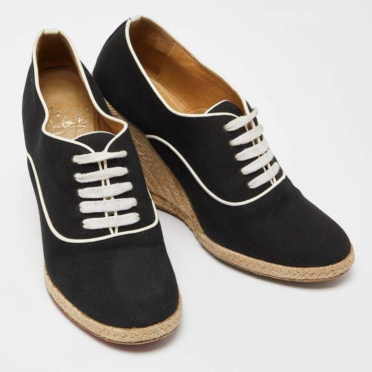 Pre Owned Christian Louboutin Black Canvas Lace Up Espadrille Wedge Sneakers Size 39