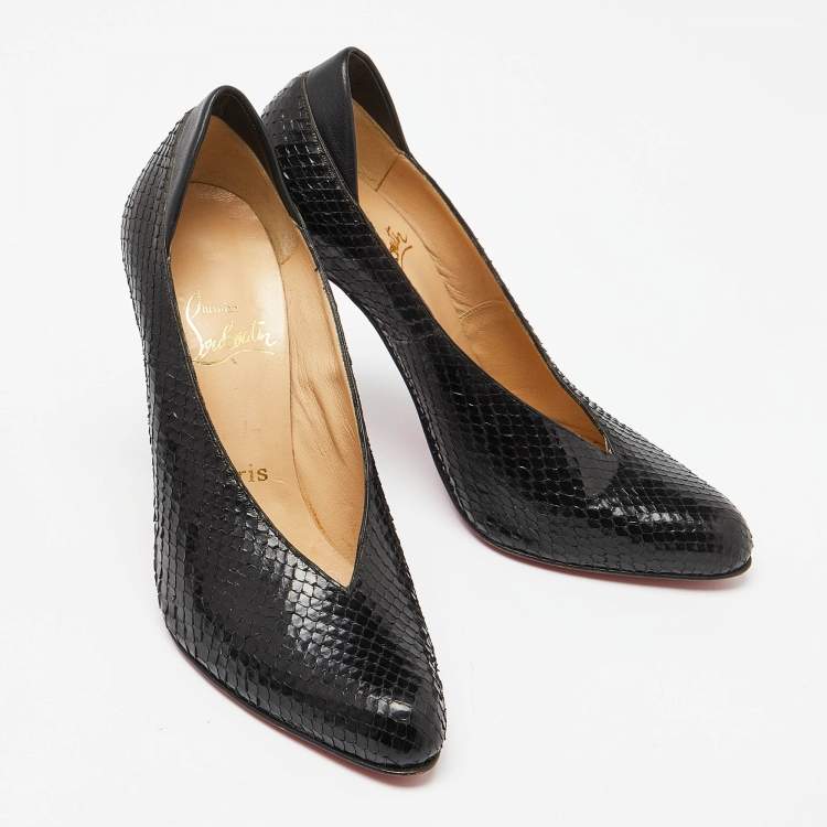 Pre Owned Christian Louboutin Black Python Leather V- Neck Pumps Size 39