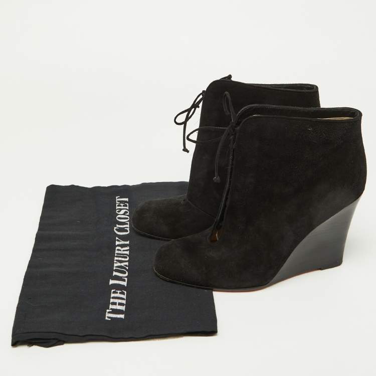 Pre Owned Christian Louboutin Black Suede Lace Up Wedge Booties Size 39