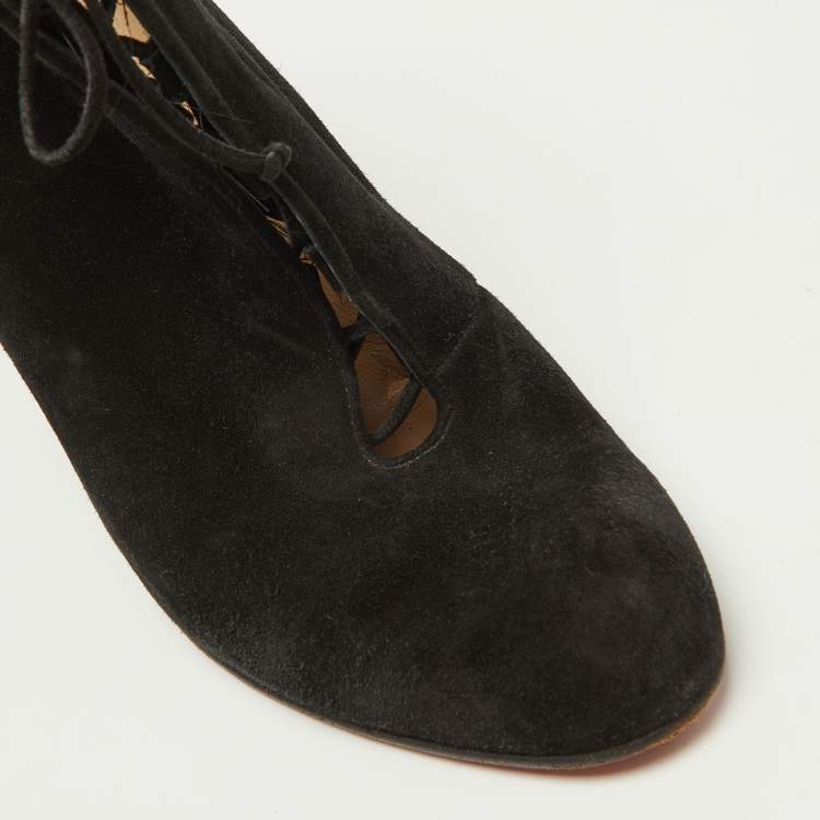 Pre Owned Christian Louboutin Black Suede Lace Up Wedge Booties Size 39