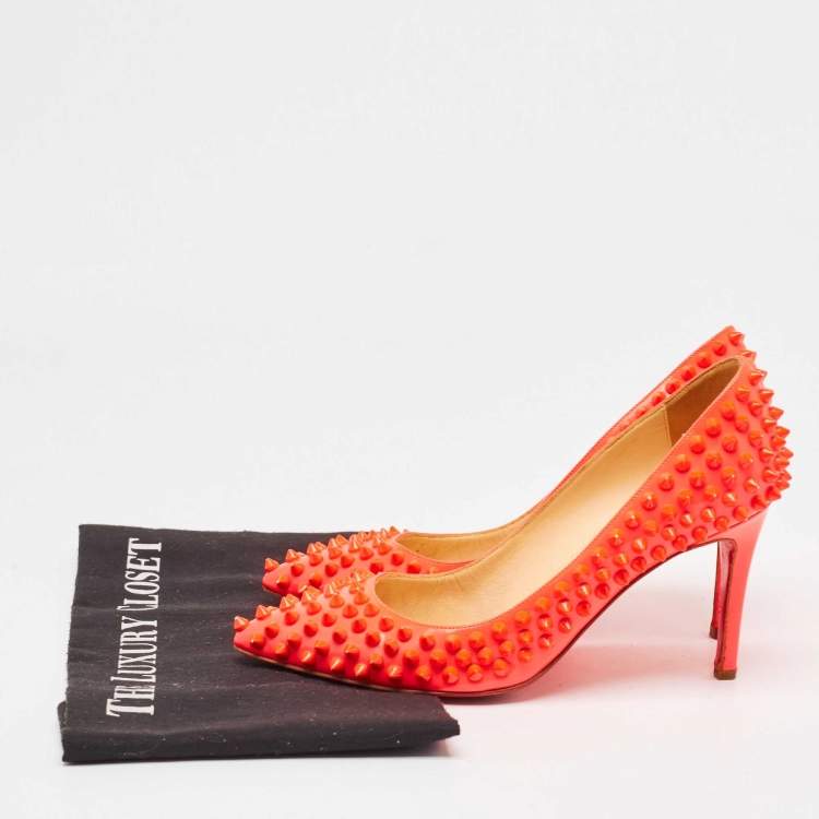 Pre Owned Christian Louboutin Neon Pink Patent Leather Pigalle Spikes Pumps Size 35.5