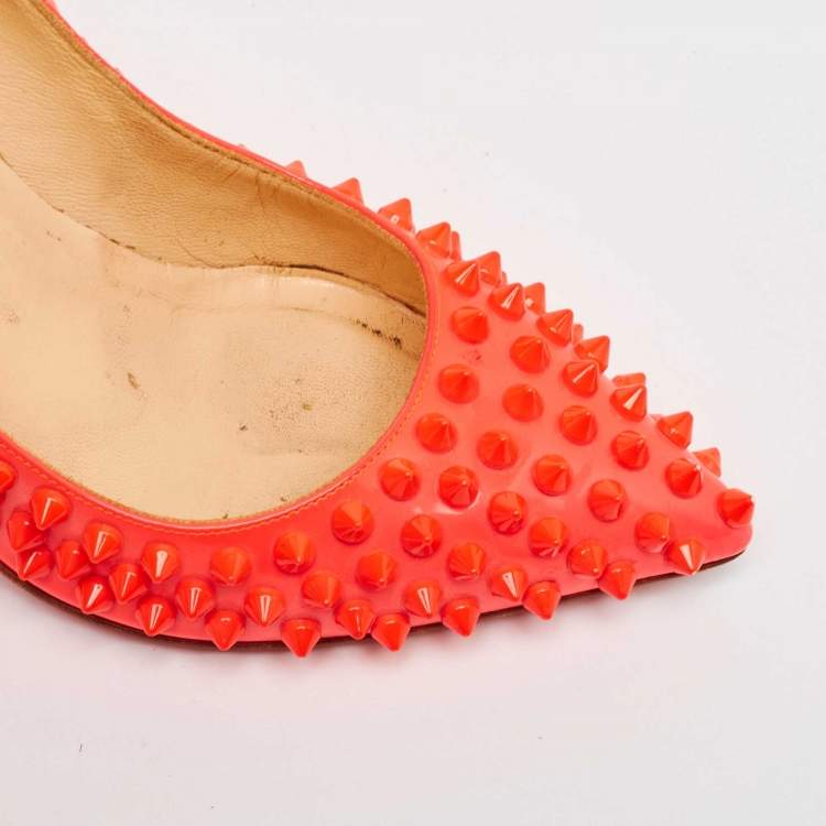 Pre Owned Christian Louboutin Neon Pink Patent Leather Pigalle Spikes Pumps Size 35.5