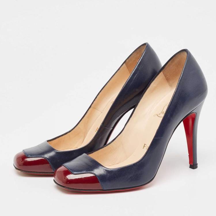 Pre Owned Christian Louboutin Navy Blue/Burgundy Leather and Patent Lady Grant Pumps Size 36