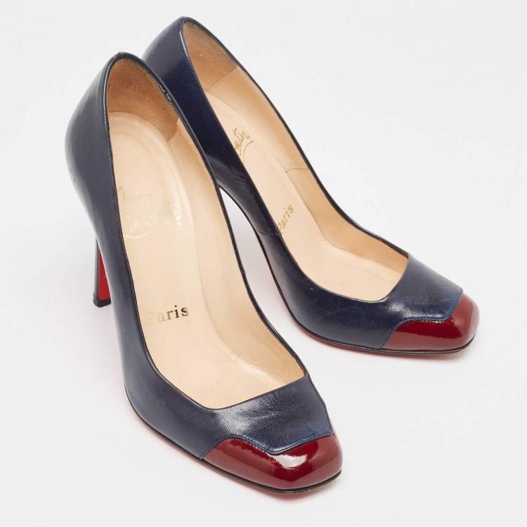 Pre Owned Christian Louboutin Navy Blue/Burgundy Leather and Patent Lady Grant Pumps Size 36