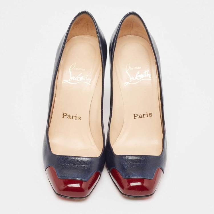 Pre Owned Christian Louboutin Navy Blue/Burgundy Leather and Patent Lady Grant Pumps Size 36