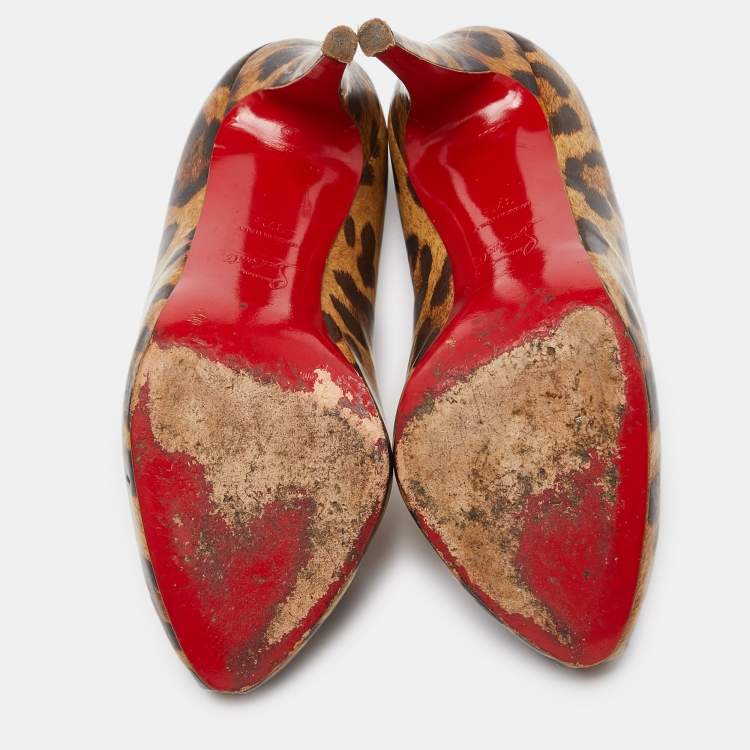 Pre Owned Christian Louboutin Brown/Beige Leopard Print Leather Ron Ron Peep Toe Platform Pumps Size 37.5