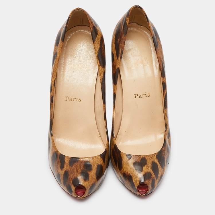 Pre Owned Christian Louboutin Brown/Beige Leopard Print Leather Ron Ron Peep Toe Platform Pumps Size 37.5