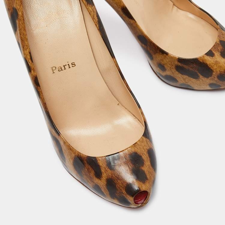 Pre Owned Christian Louboutin Brown/Beige Leopard Print Leather Ron Ron Peep Toe Platform Pumps Size 37.5