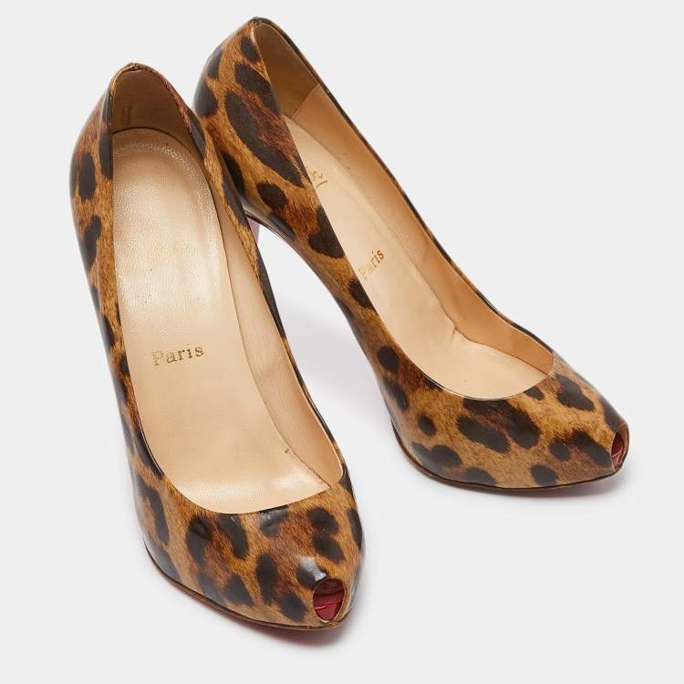 Pre Owned Christian Louboutin Brown/Beige Leopard Print Leather Ron Ron Peep Toe Platform Pumps Size 37.5