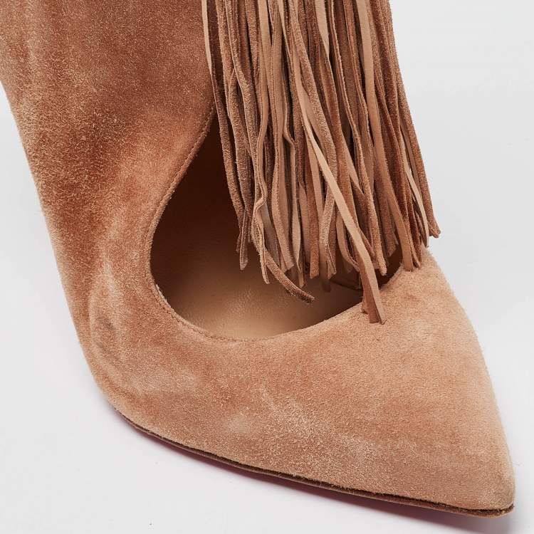 Pre Owned Christian Louboutin Brown Suede Fringe Ankle Boots Size 40
