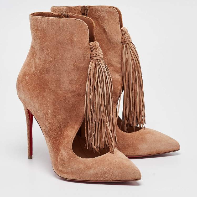 Pre Owned Christian Louboutin Brown Suede Fringe Ankle Boots Size 40