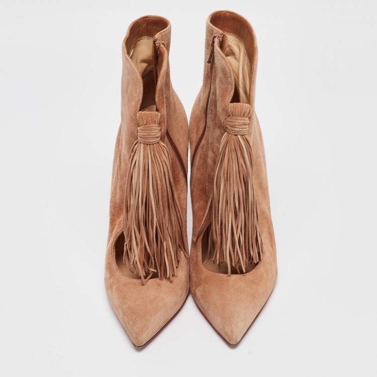 Pre Owned Christian Louboutin Brown Suede Fringe Ankle Boots Size 40