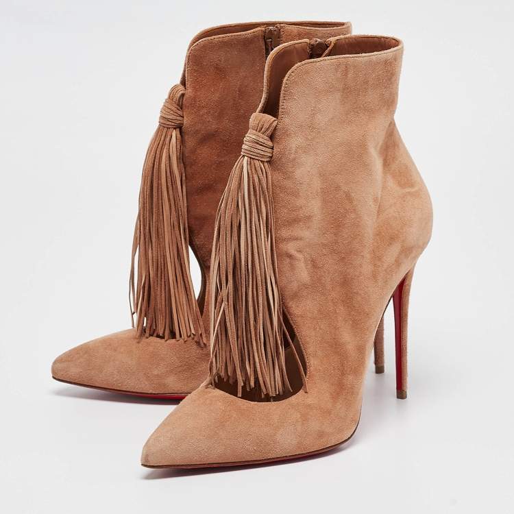 Pre Owned Christian Louboutin Brown Suede Fringe Ankle Boots Size 40