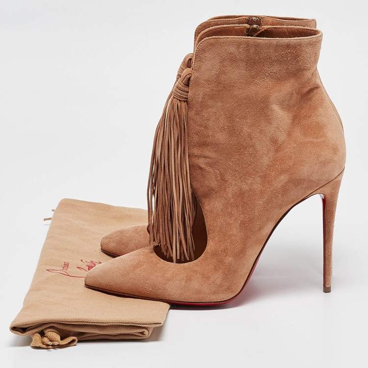 Pre Owned Christian Louboutin Brown Suede Fringe Ankle Boots Size 40