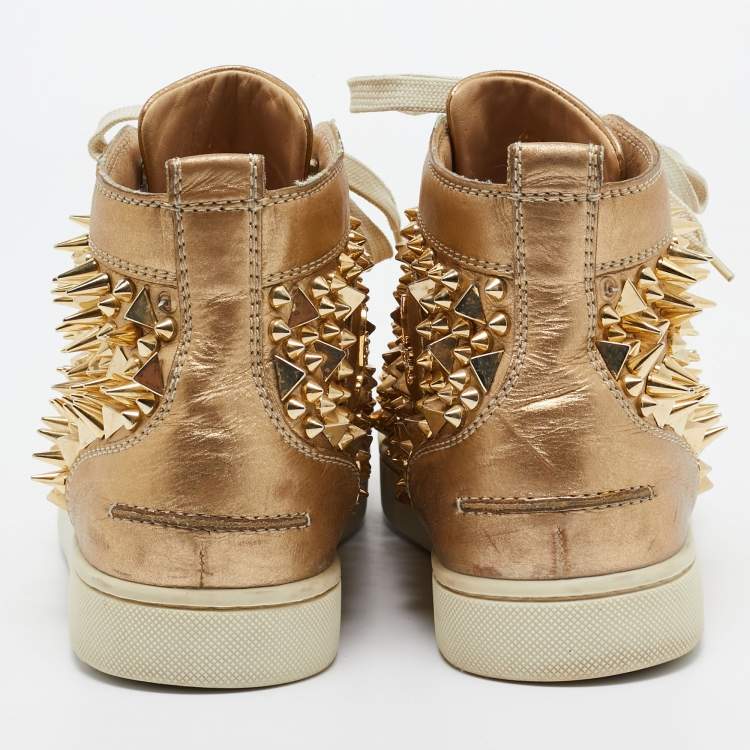 Pre Owned Christian Louboutin Gold Leather Spikes High Top Sneakers Size 41