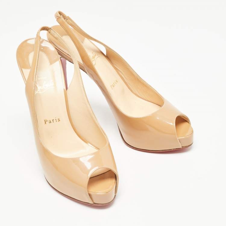 Pre Owned Christian Louboutin Beige Patent Leather Private Number Slingback Pumps Size 40