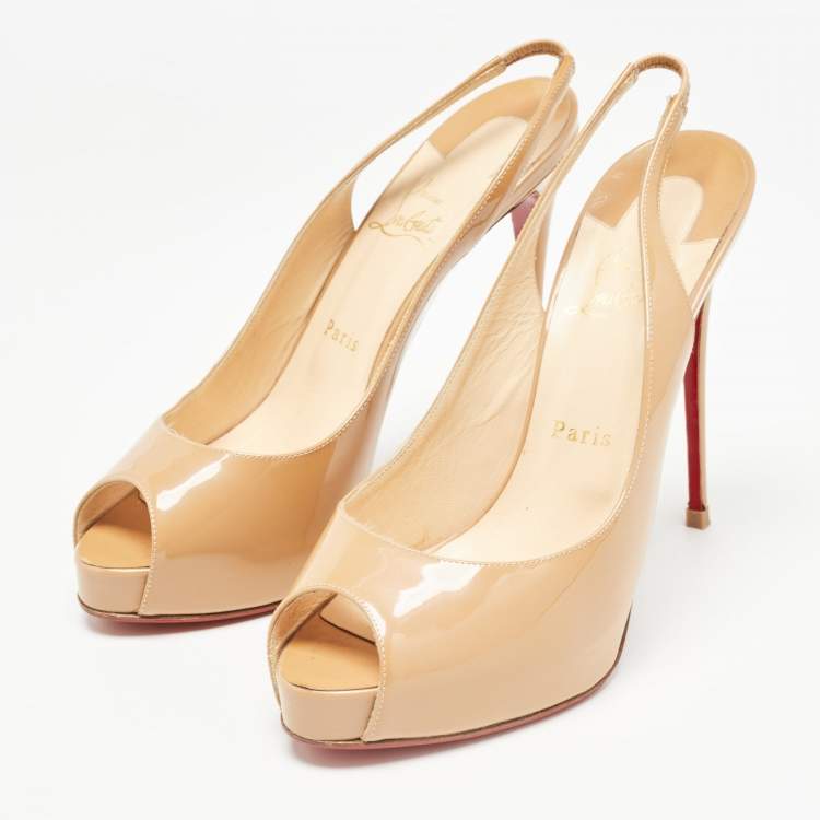 Pre Owned Christian Louboutin Beige Patent Leather Private Number Slingback Pumps Size 40