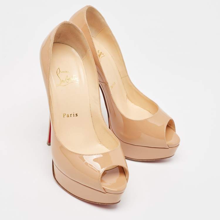 Pre Owned Christian Louboutin Beige Patent Leather Lady Peep Pumps Size 36.5
