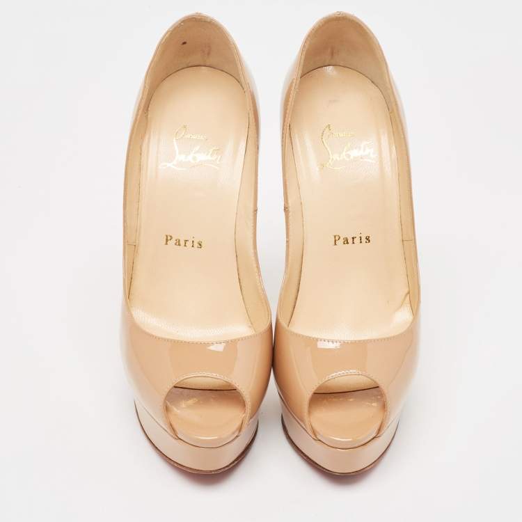 Pre Owned Christian Louboutin Beige Patent Leather Lady Peep Pumps Size 36.5