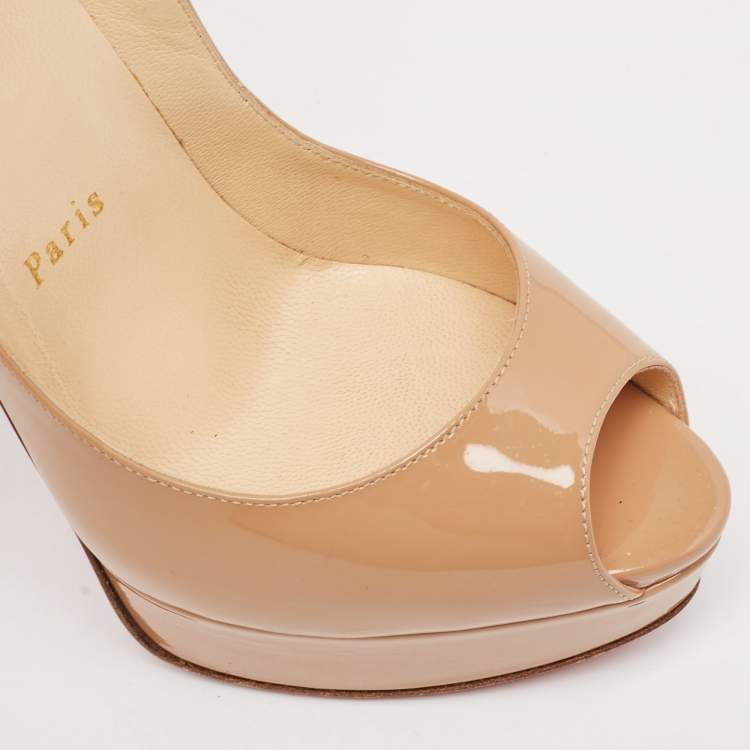 Pre Owned Christian Louboutin Beige Patent Leather Lady Peep Pumps Size 36.5