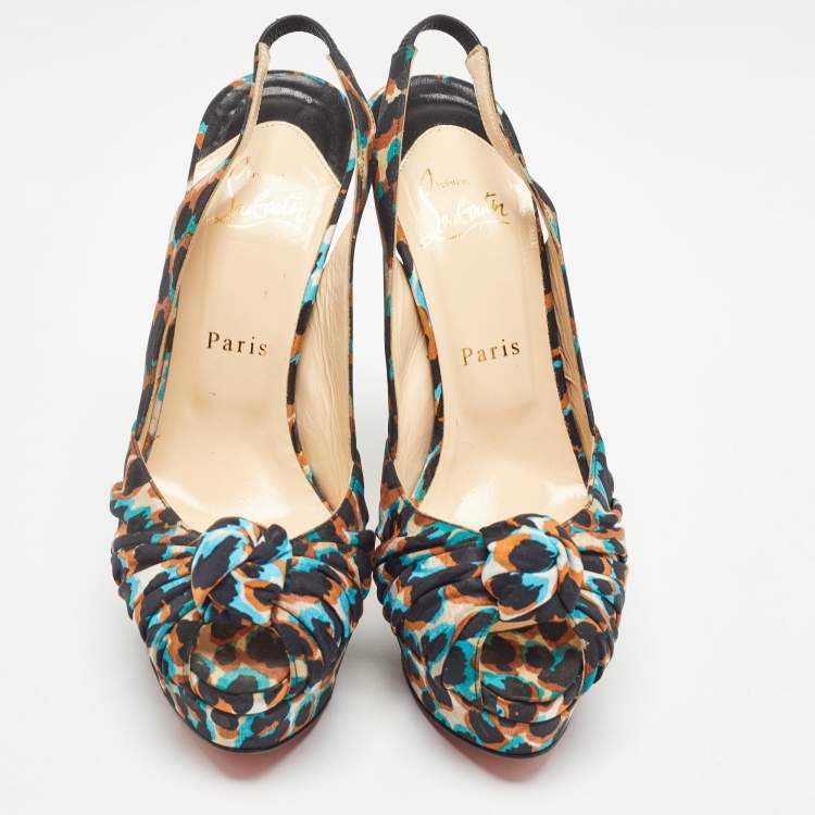 مملوكة مسبقًا Christian Louboutin Multicolor Printed Canvas Jenny Platform Slingback Pumps Size 38