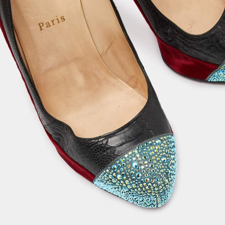 Pre Owned Christian Louboutin Red/Black Velvet and Ostrich Leg Strass Calypso Pumps Size 41.5