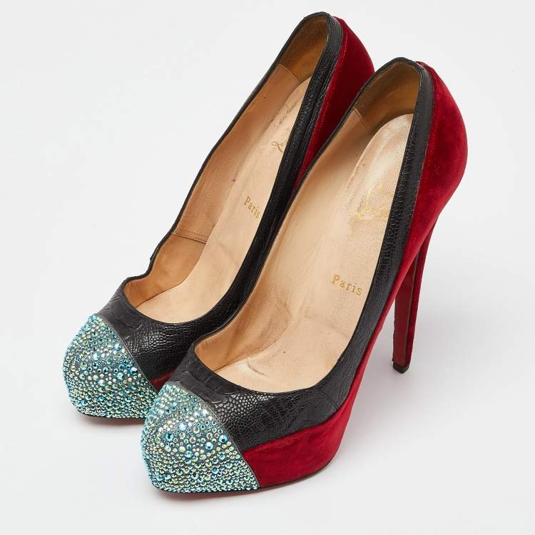 Pre Owned Christian Louboutin Red/Black Velvet and Ostrich Leg Strass Calypso Pumps Size 41.5