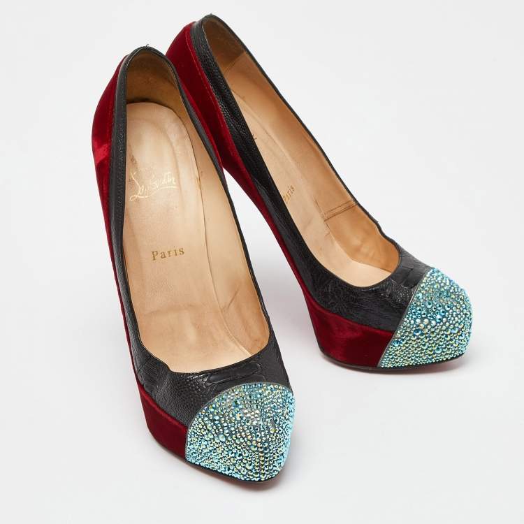 Pre Owned Christian Louboutin Red/Black Velvet and Ostrich Leg Strass Calypso Pumps Size 41.5