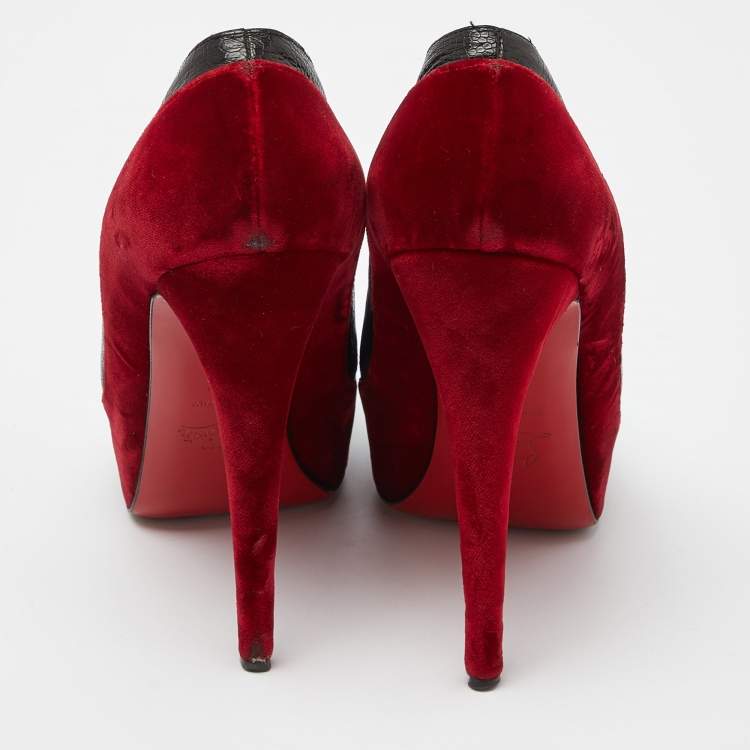 Pre Owned Christian Louboutin Red/Black Velvet and Ostrich Leg Strass Calypso Pumps Size 41.5