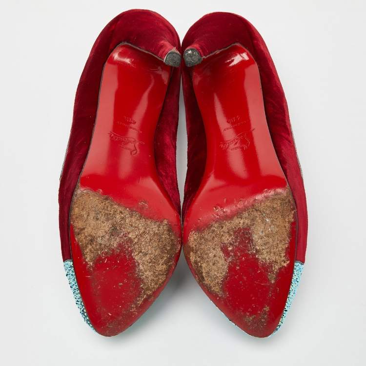 Pre Owned Christian Louboutin Red/Black Velvet and Ostrich Leg Strass Calypso Pumps Size 41.5
