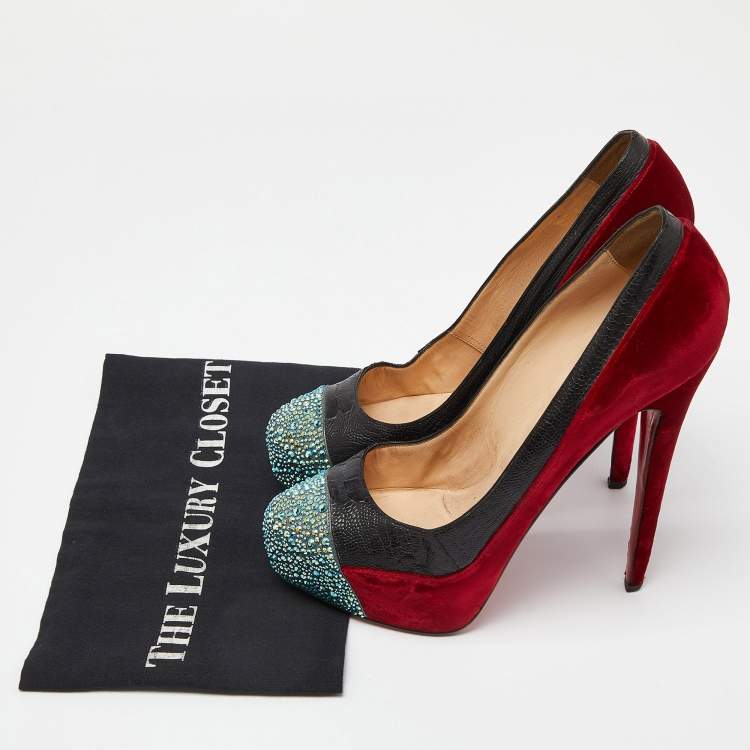 Pre Owned Christian Louboutin Red/Black Velvet and Ostrich Leg Strass Calypso Pumps Size 41.5