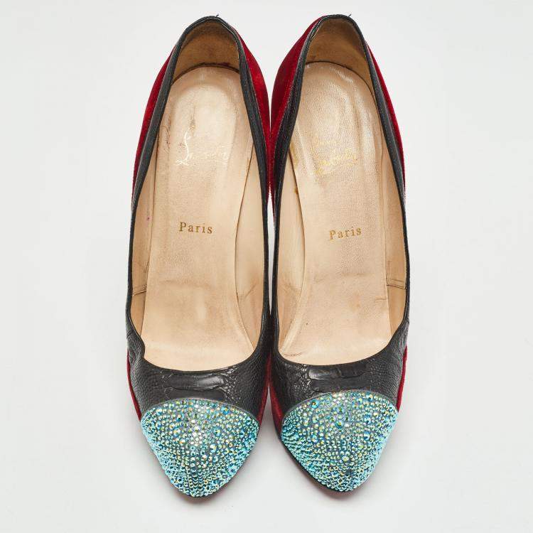Pre Owned Christian Louboutin Red/Black Velvet and Ostrich Leg Strass Calypso Pumps Size 41.5