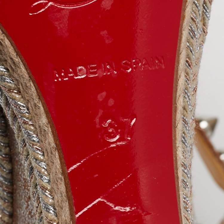 Pre Owned Christian Louboutin Metallic Leather and Raffia Pyraclou Wedge Sandals Size 37
