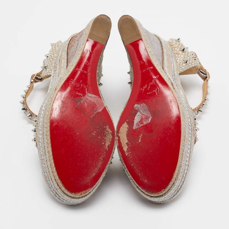Pre Owned Christian Louboutin Metallic Leather and Raffia Pyraclou Wedge Sandals Size 37