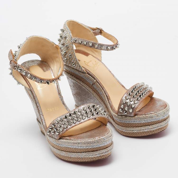 Pre Owned Christian Louboutin Metallic Leather and Raffia Pyraclou Wedge Sandals Size 37