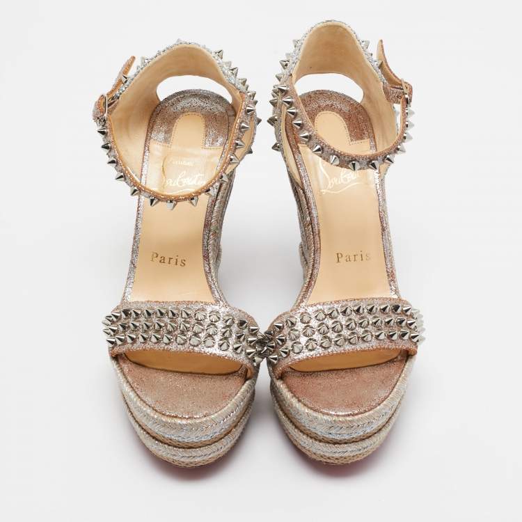 Pre Owned Christian Louboutin Metallic Leather and Raffia Pyraclou Wedge Sandals Size 37