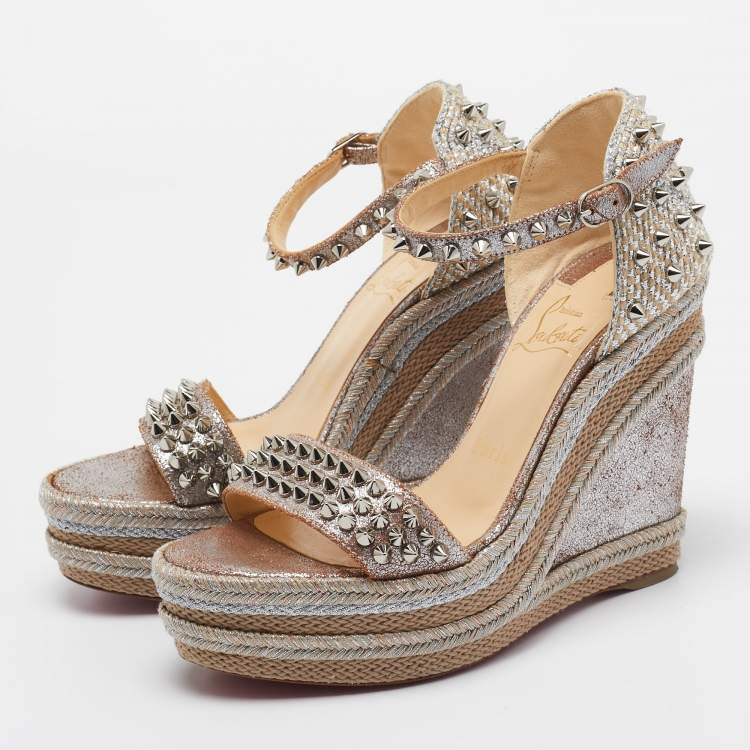Pre Owned Christian Louboutin Metallic Leather and Raffia Pyraclou Wedge Sandals Size 37