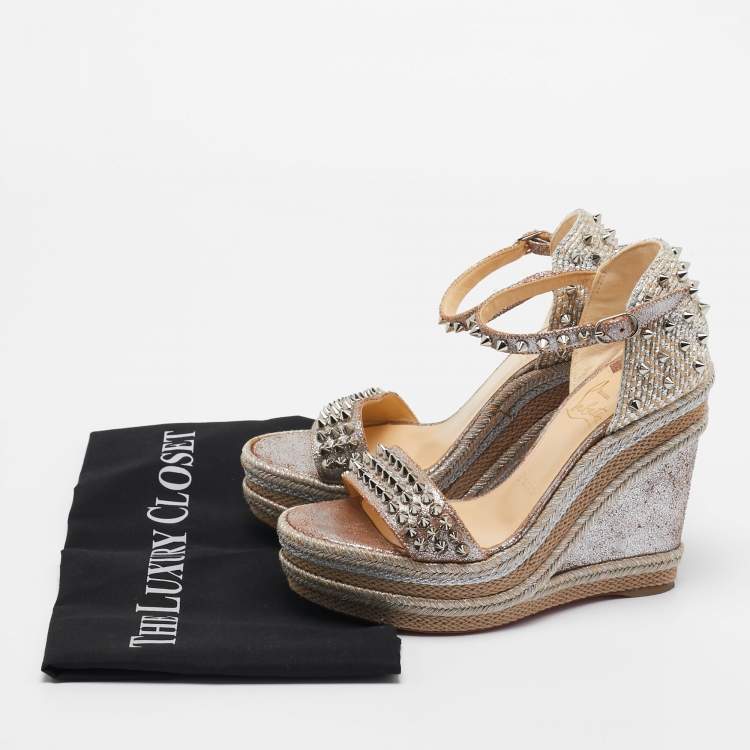 Pre Owned Christian Louboutin Metallic Leather and Raffia Pyraclou Wedge Sandals Size 37