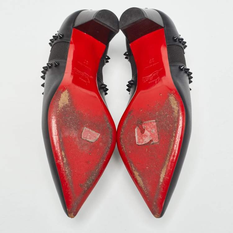 Pre Owned Christian Louboutin Black Leather Vicky Spike Booties Size 37