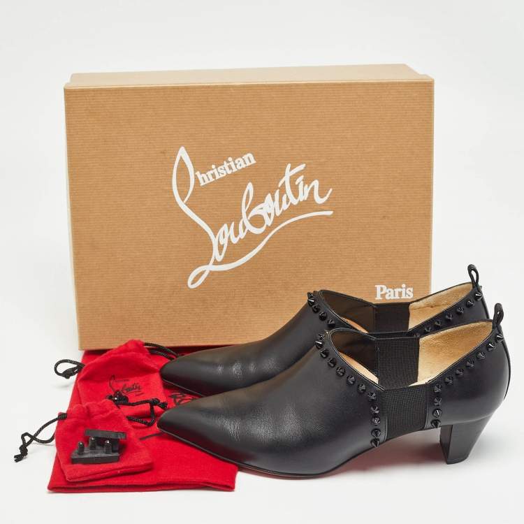 Pre Owned Christian Louboutin Black Leather Vicky Spike Booties Size 37