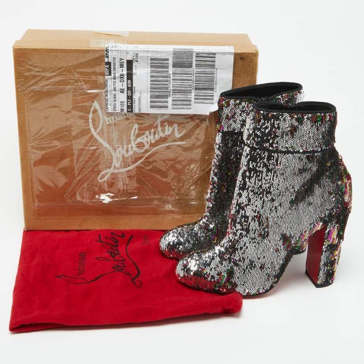 Pre Owned Christian Louboutin Multicolor Sequins Moulamax Round Toe Ankle Boots Size 37