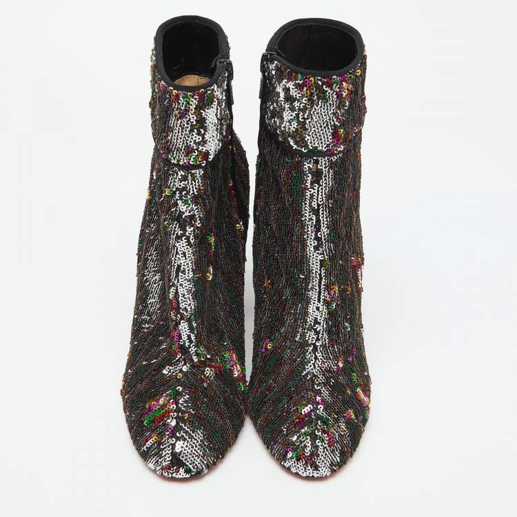Pre Owned Christian Louboutin Multicolor Sequins Moulamax Round Toe Ankle Boots Size 37
