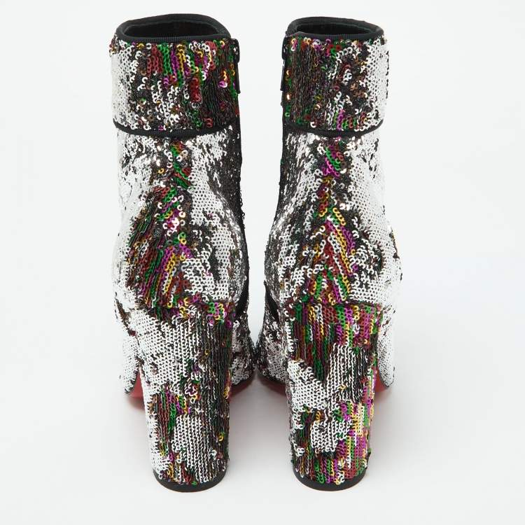 Pre Owned Christian Louboutin Multicolor Sequins Moulamax Round Toe Ankle Boots Size 37