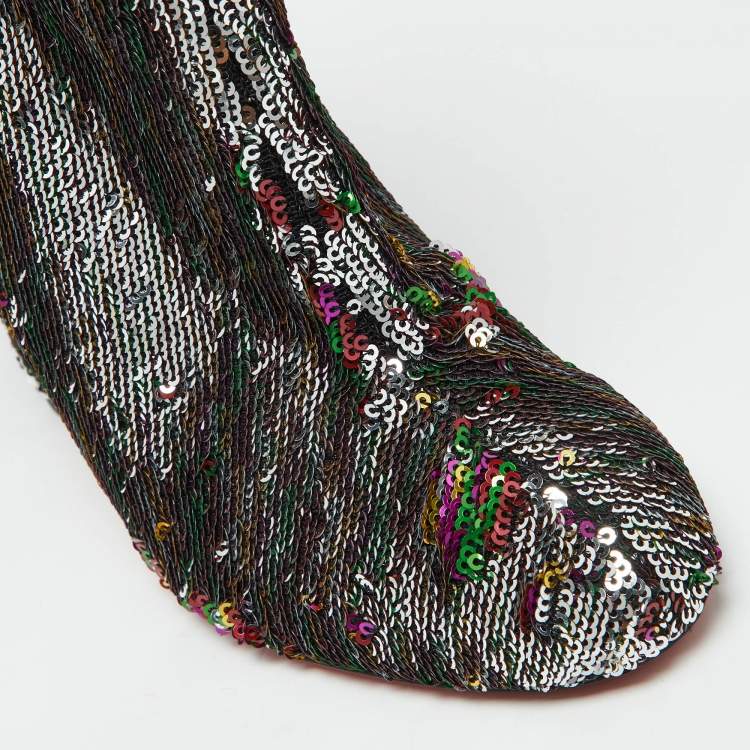 Pre Owned Christian Louboutin Multicolor Sequins Moulamax Round Toe Ankle Boots Size 37