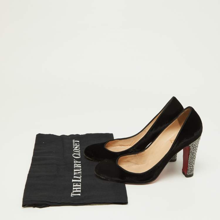 Pre Owned Christian Louboutin Black Velvet Crystal Embellished Heel Round Toe Pumps Size 38