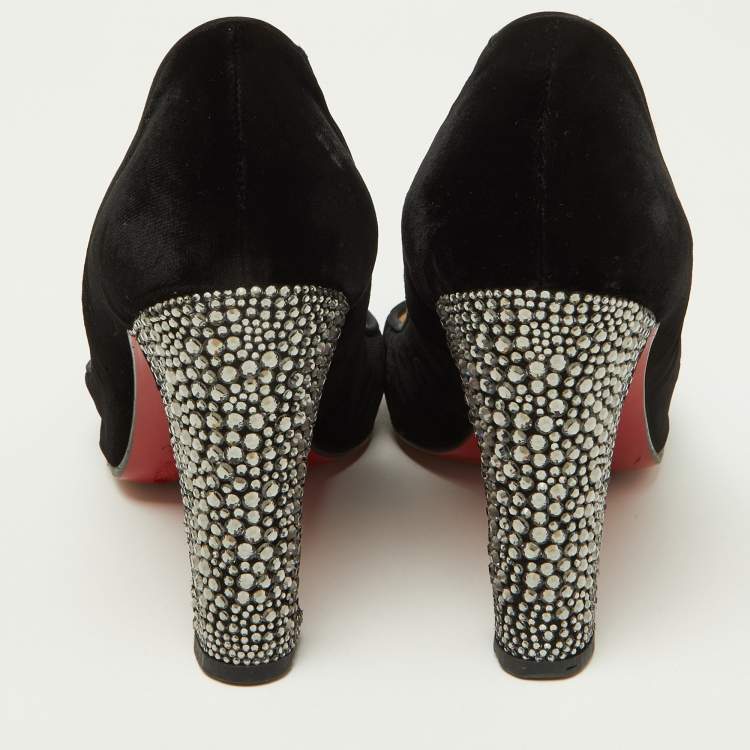 Pre Owned Christian Louboutin Black Velvet Crystal Embellished Heel Round Toe Pumps Size 38