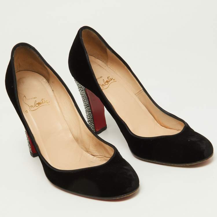 Pre Owned Christian Louboutin Black Velvet Crystal Embellished Heel Round Toe Pumps Size 38