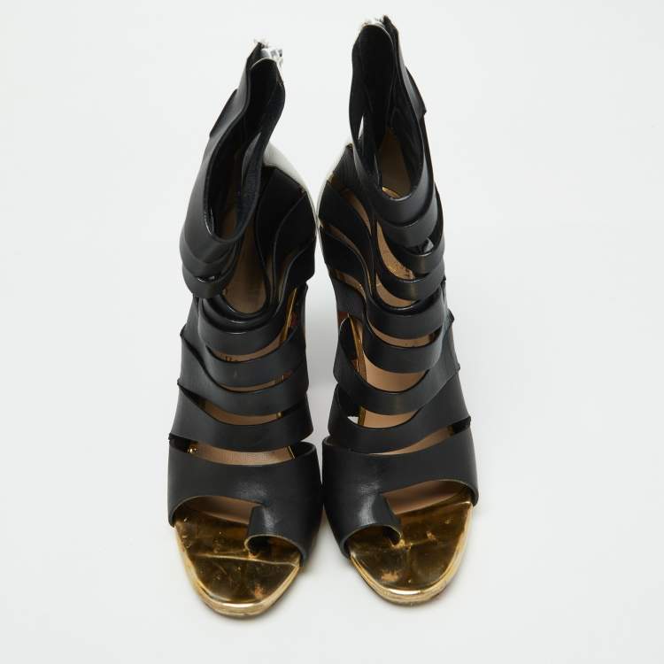 Pre Owned Christian Louboutin Tri Color Leather Decoupata Strappy Booties Size 39.5