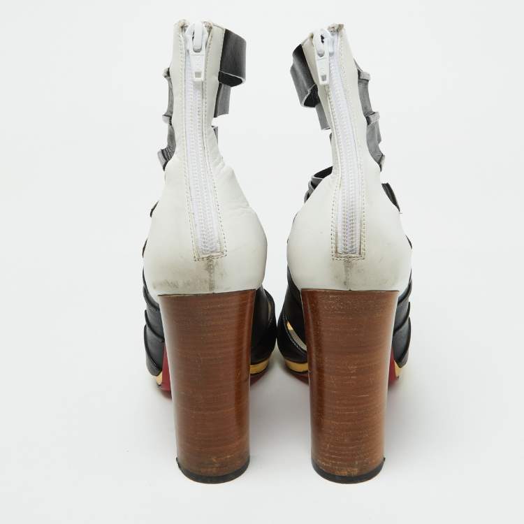 Pre Owned Christian Louboutin Tri Color Leather Decoupata Strappy Booties Size 39.5