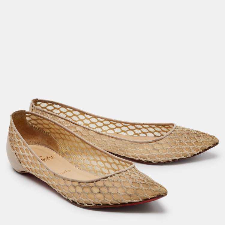 Pre Owned Christian Louboutin Beige Leather and Mesh Pigaresille Ballet Flats Size 38